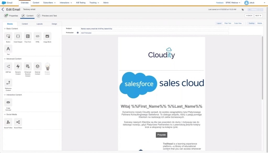 Screenshot des E-Mail-Builder-Tools, das zum Ökosystem der Salesforce Marketing Cloud gehört