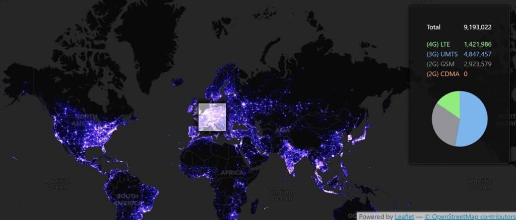 Screenshot einer Datenbank, die den Standort von Mobilfunkmasten anzeigt – ein großartiges Beispiel für Datenvisualisierung
